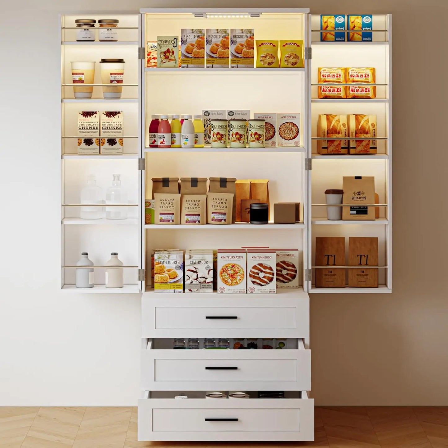 72" LED Kitchen Pantry Cabinet with 3 Drawers