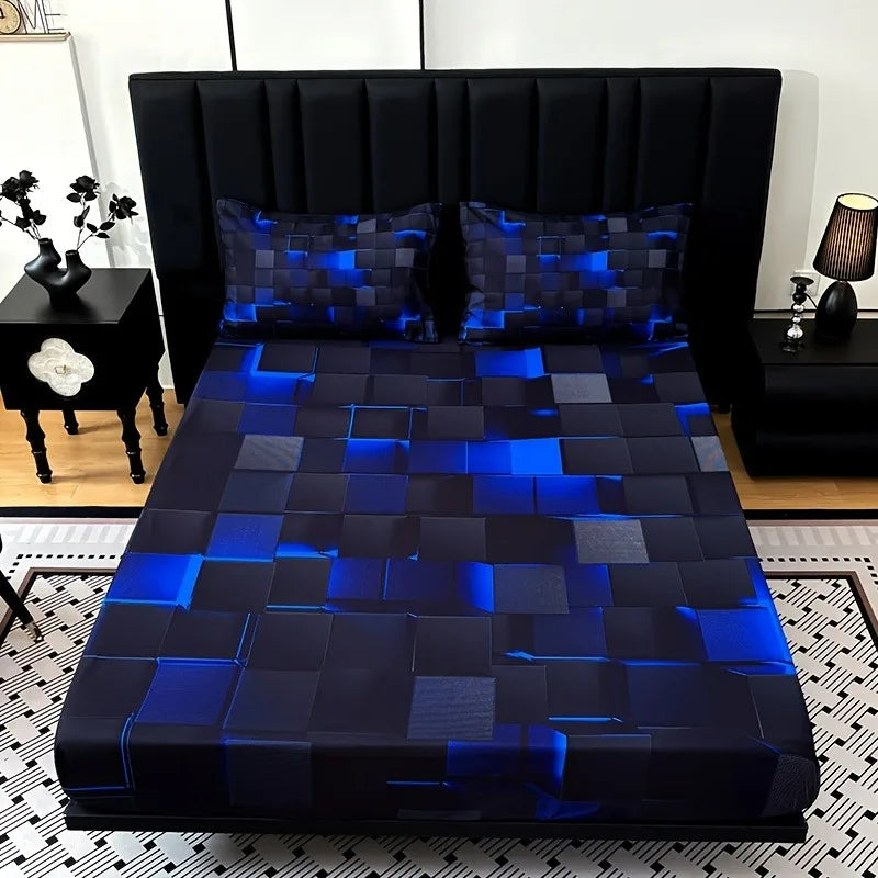 3pcs Cool Technology Digital Printing Material Plaid Fitted Sheet
