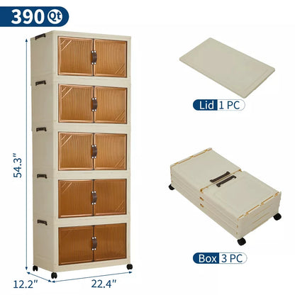 3/4/5-Tier Foldable Storage Cabinet with Lids & Wheels