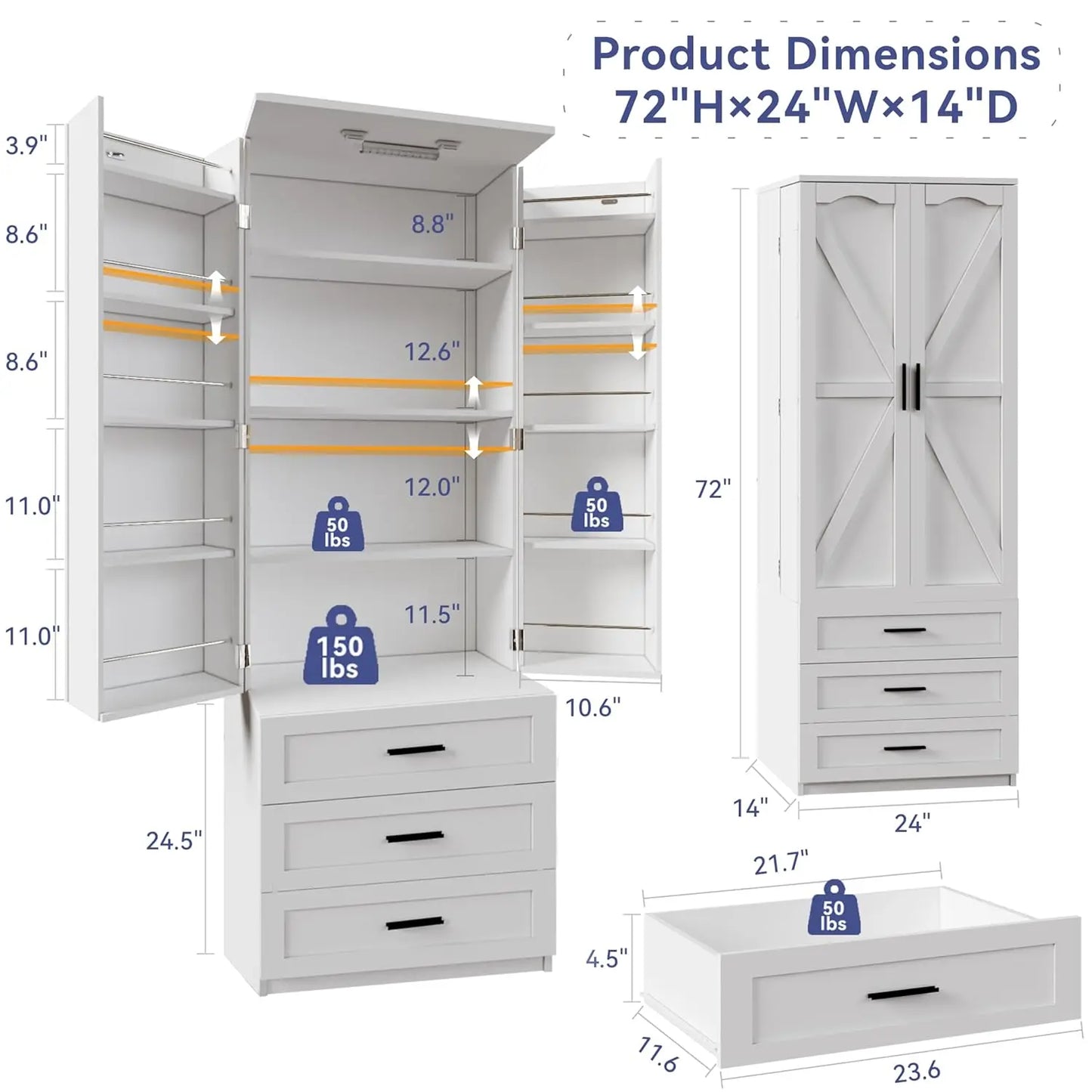72" LED Kitchen Pantry Cabinet with 3 Drawers