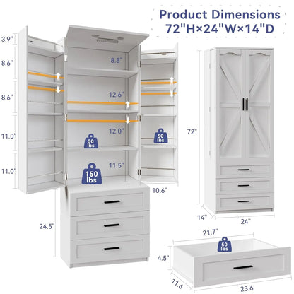 72" LED Kitchen Pantry Cabinet with 3 Drawers
