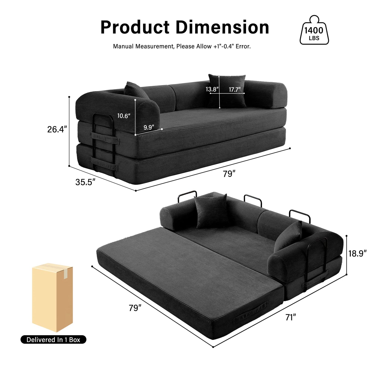 79'' Boneless Couch Foldable Convertible Futon