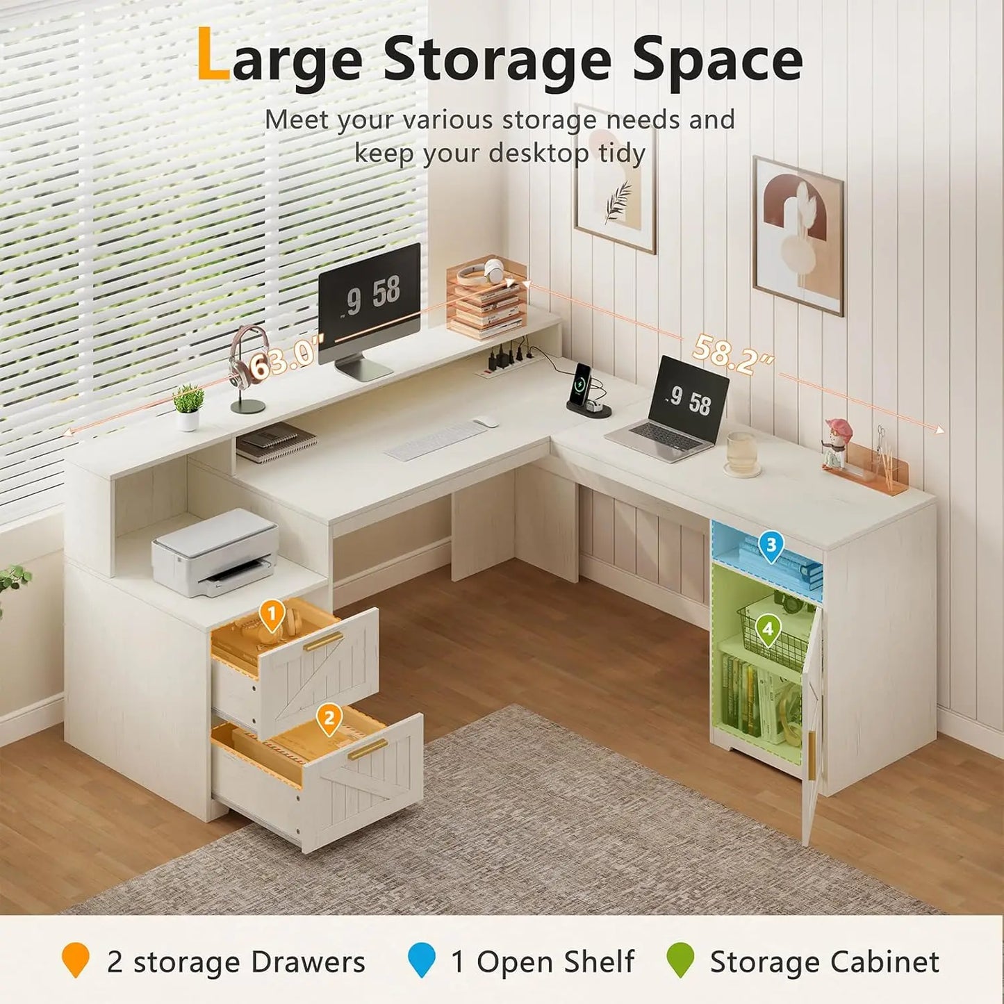 63 L Shaped Desk with Storage Drawers