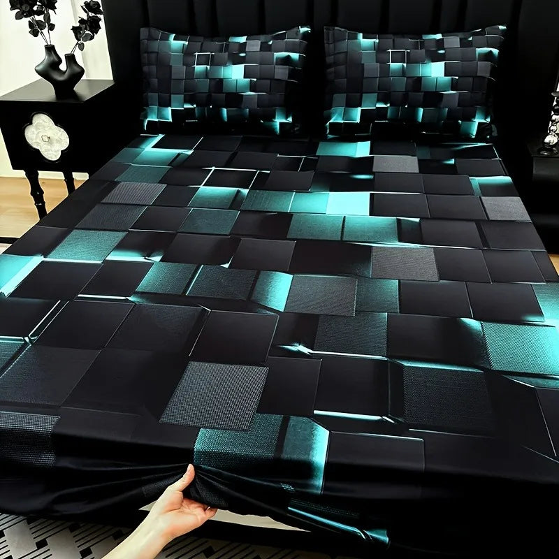 3pcs Cool Technology Digital Printing Material Plaid Fitted Sheet