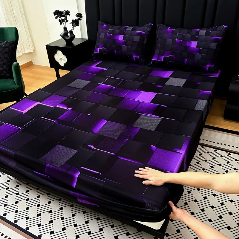 3pcs Cool Technology Digital Printing Material Plaid Fitted Sheet