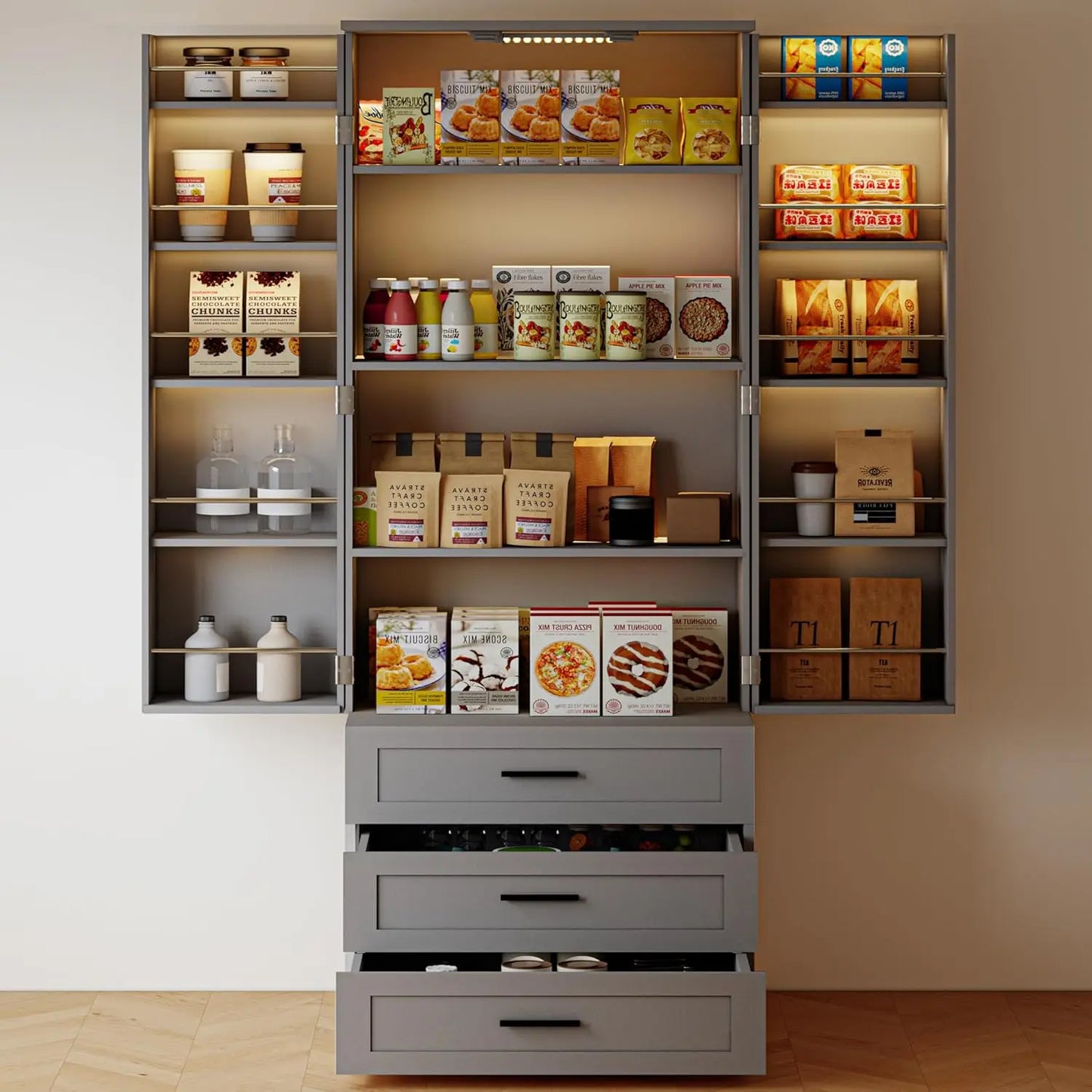 72" LED Kitchen Pantry Cabinet with 3 Drawers